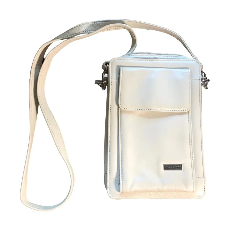 WILSON LEATHER Pella Studio White Crossbody Cell Phone Organizer with Zi…